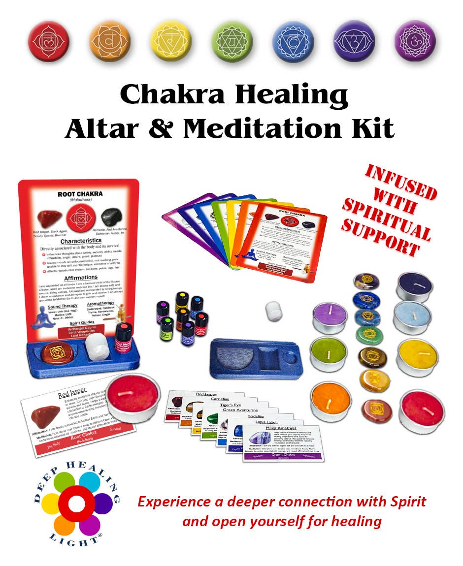 Chakra Healing Altar & Meditation Kit - 7 Chakra Sets: Engraved Symbols Stones, Healing Cards, Essential Oil Blends, Scented Candles, Selenite Crystal