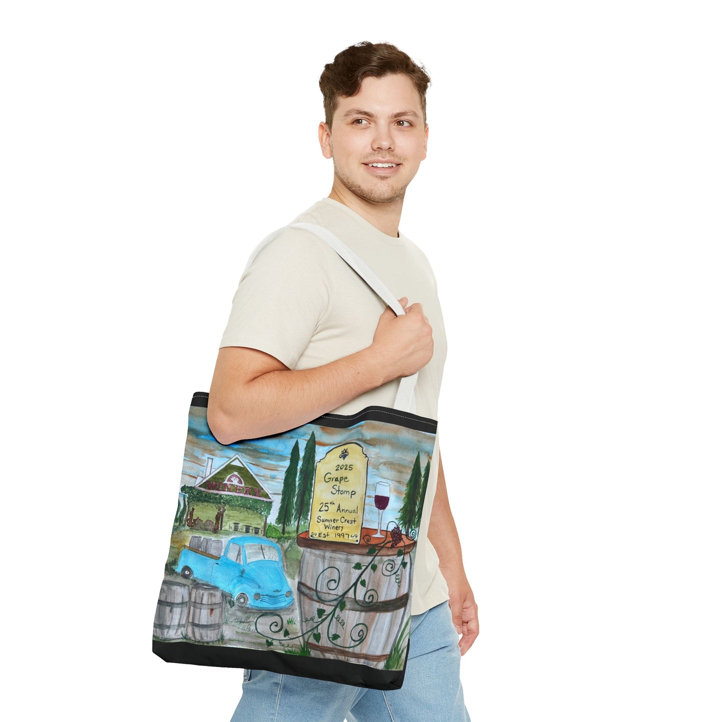Sumner Crest Winery 25th Annual Grape Stomp is Charming Vineyard Tote Bag, Wine Lover Gift, Travel Bag, Grocery Tote, Eco-Friendly Shopping, Artisan Artwork