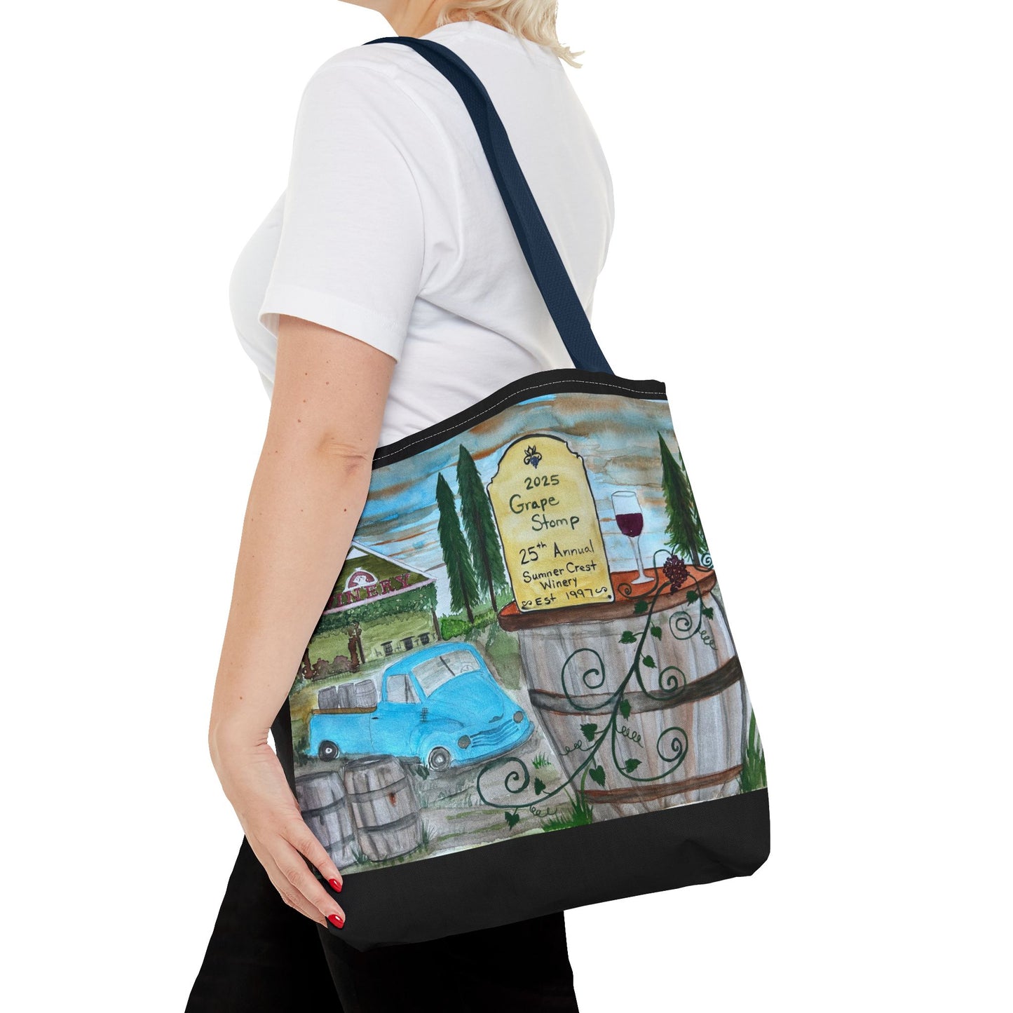 Sumner Crest Winery 25th Annual Grape Stomp is Charming Vineyard Tote Bag, Wine Lover Gift, Travel Bag, Grocery Tote, Eco-Friendly Shopping, Artisan Artwork