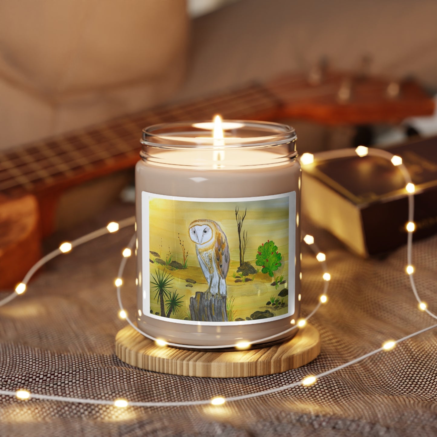 Hand Painted Barn Owl Watercolor Scented Soy Candle, 9oz