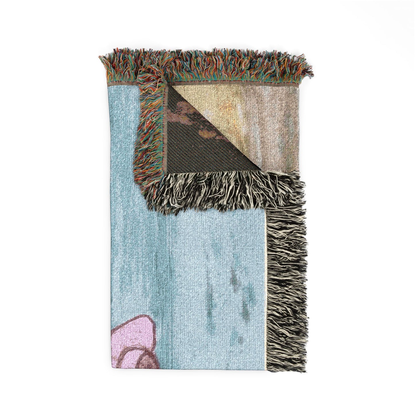 Beachside Woman Woven Blanket — Serene Seaside Throw with Pink Hat Design by Dr. Q