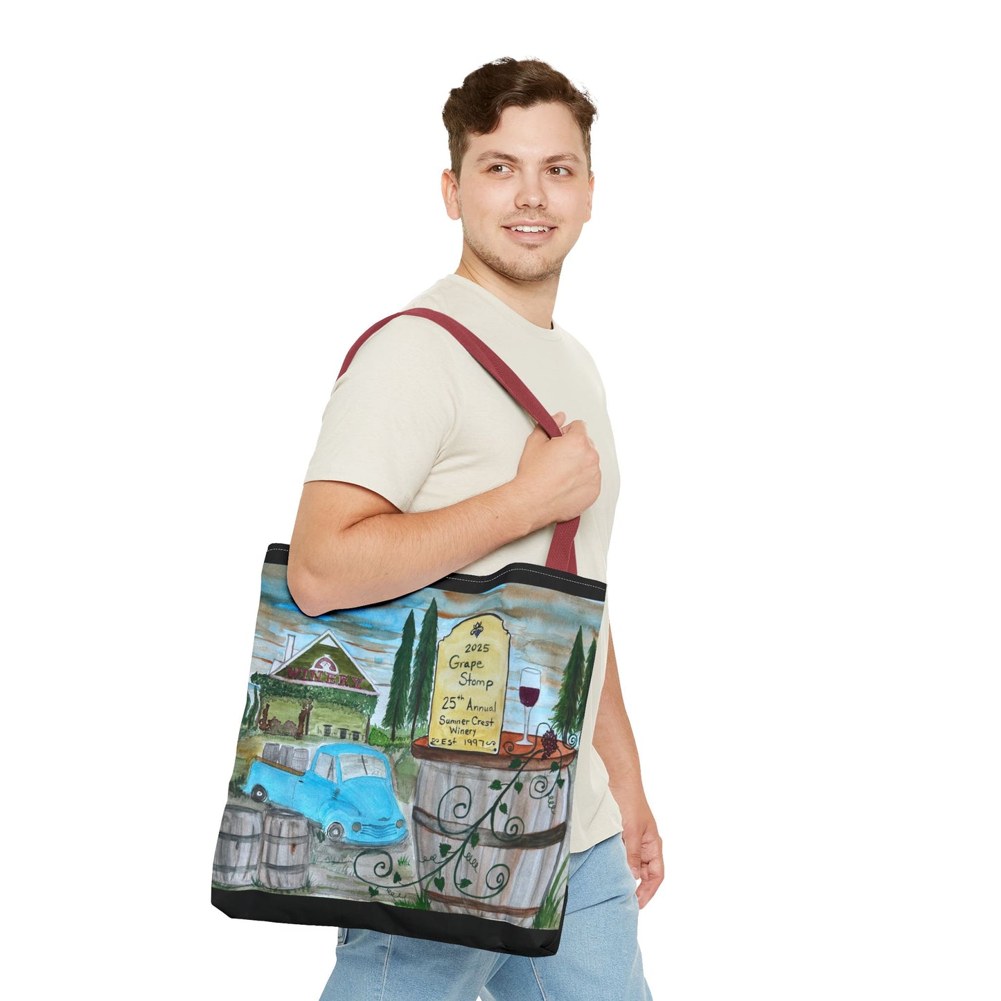 Sumner Crest Winery 25th Annual Grape Stomp is Charming Vineyard Tote Bag, Wine Lover Gift, Travel Bag, Grocery Tote, Eco-Friendly Shopping, Artisan Artwork