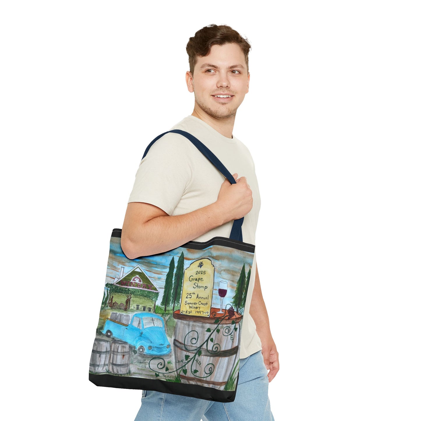 Sumner Crest Winery 25th Annual Grape Stomp is Charming Vineyard Tote Bag, Wine Lover Gift, Travel Bag, Grocery Tote, Eco-Friendly Shopping, Artisan Artwork