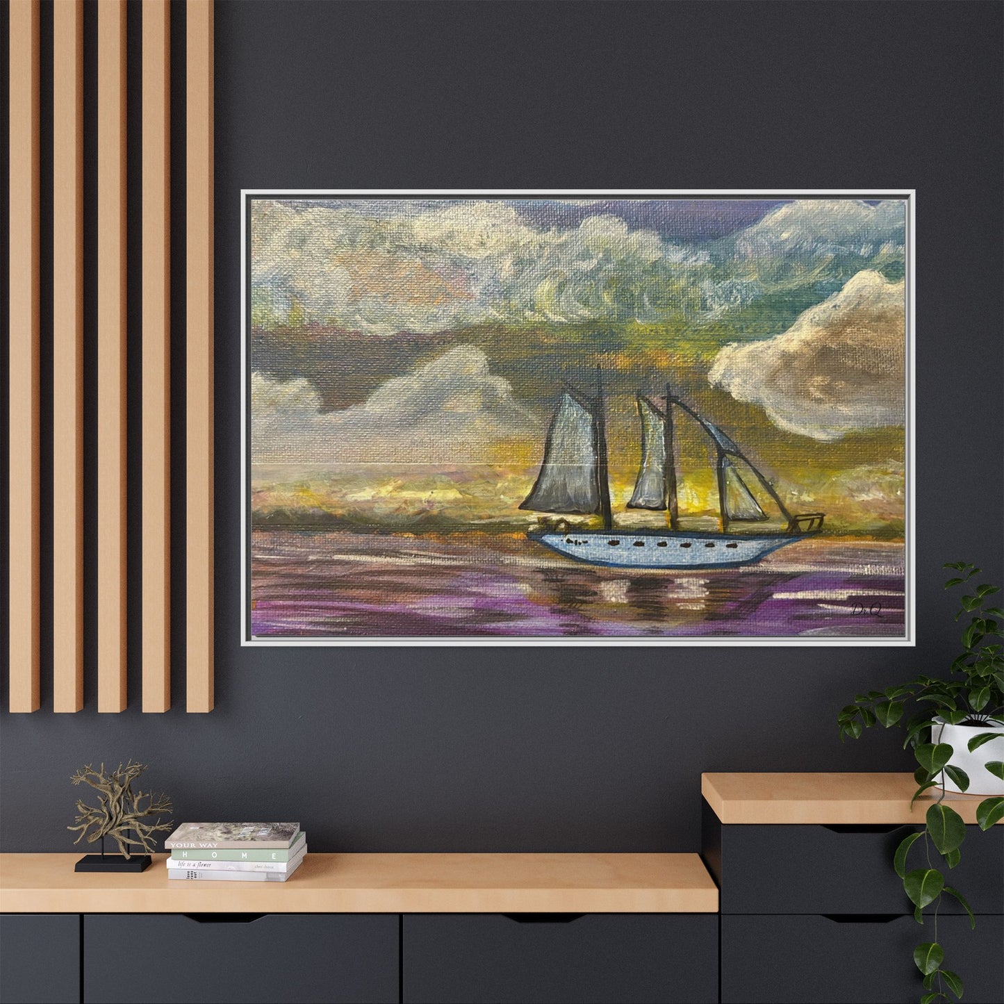 Framed Matte Canvas Sailboat Painting — Serene Seascape Wall Art