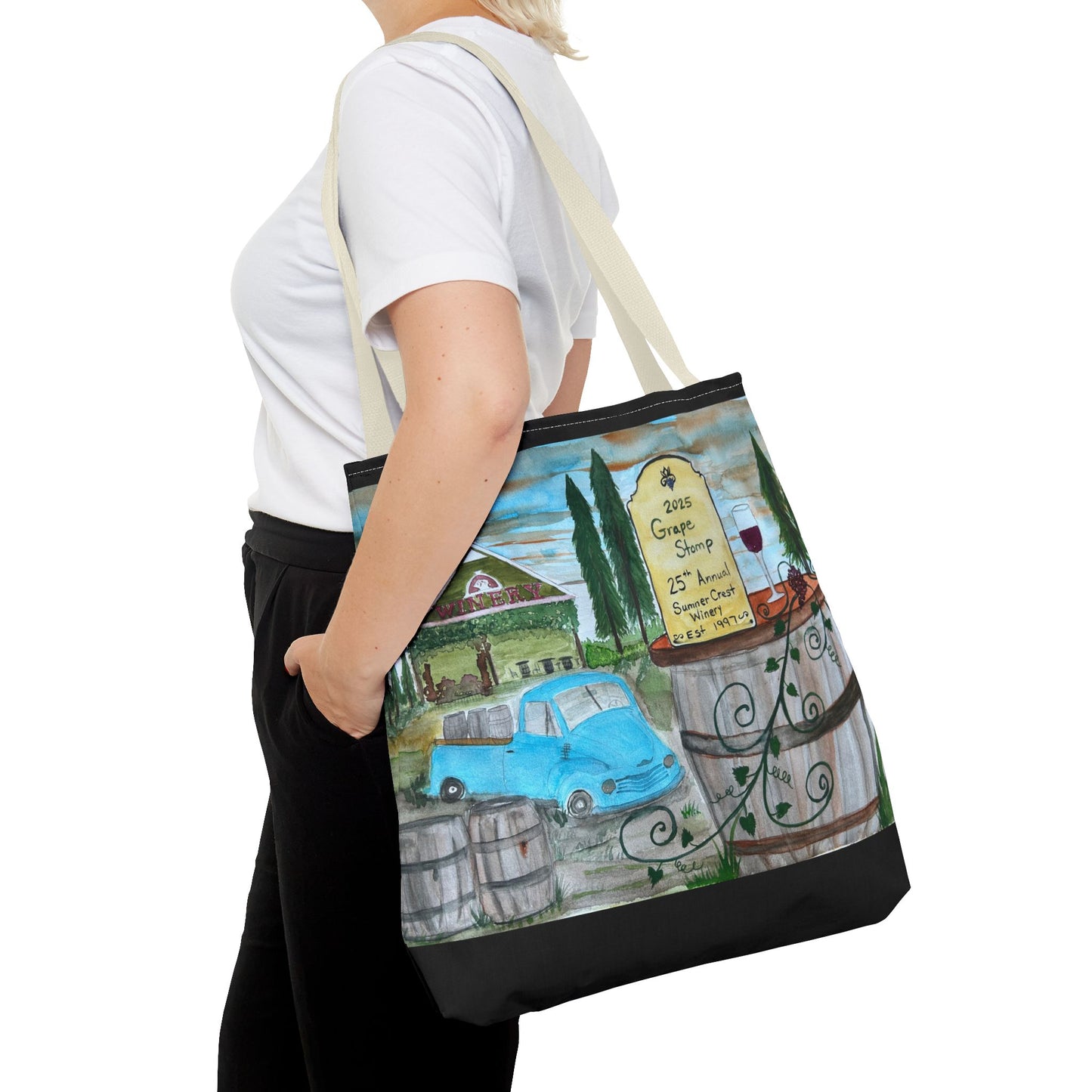 Sumner Crest Winery 25th Annual Grape Stomp is Charming Vineyard Tote Bag, Wine Lover Gift, Travel Bag, Grocery Tote, Eco-Friendly Shopping, Artisan Artwork