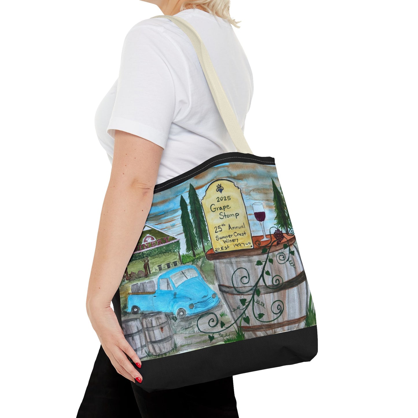 Sumner Crest Winery 25th Annual Grape Stomp is Charming Vineyard Tote Bag, Wine Lover Gift, Travel Bag, Grocery Tote, Eco-Friendly Shopping, Artisan Artwork