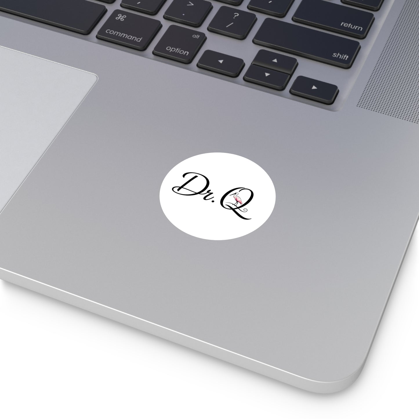 Dr. Q Round Vinyl Sticker — Elegant Script Logo with Pink Flamingo Accent