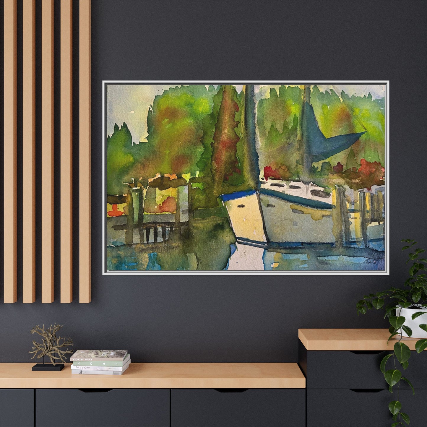 Sailboat Harbor Watercolor — Framed Matte Canvas Wall Art