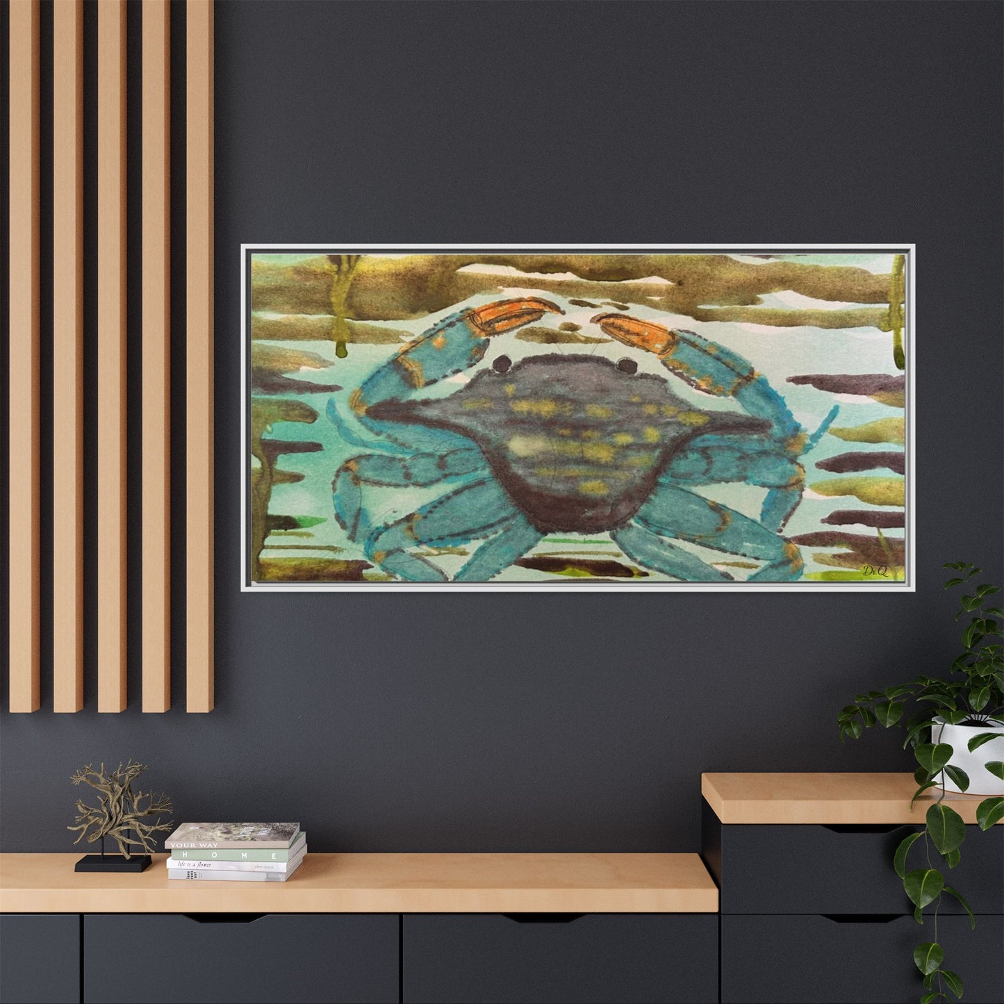 Blue Crab Coastal Art Print — Matte Framed Canvas