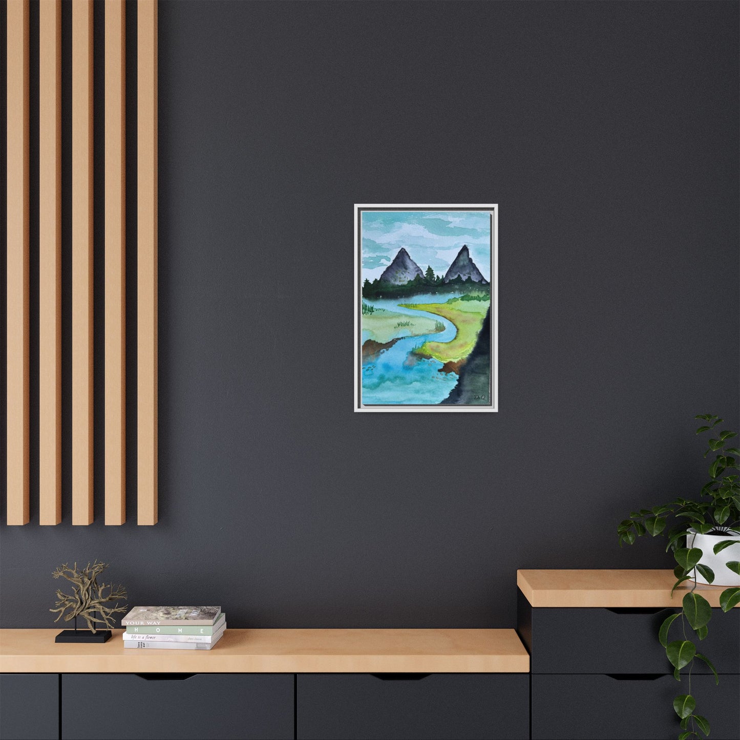 Mountain River Framed Canvas Watercolor Print by Dr. Q