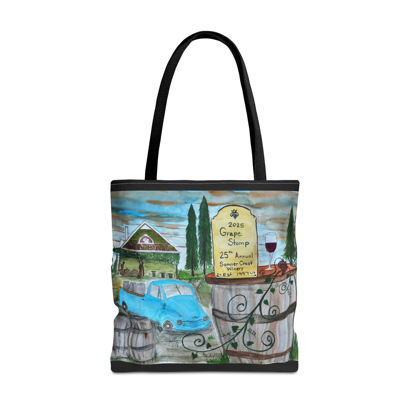 Sumner Crest Winery 25th Annual Grape Stomp is Charming Vineyard Tote Bag, Wine Lover Gift, Travel Bag, Grocery Tote, Eco-Friendly Shopping, Artisan Artwork