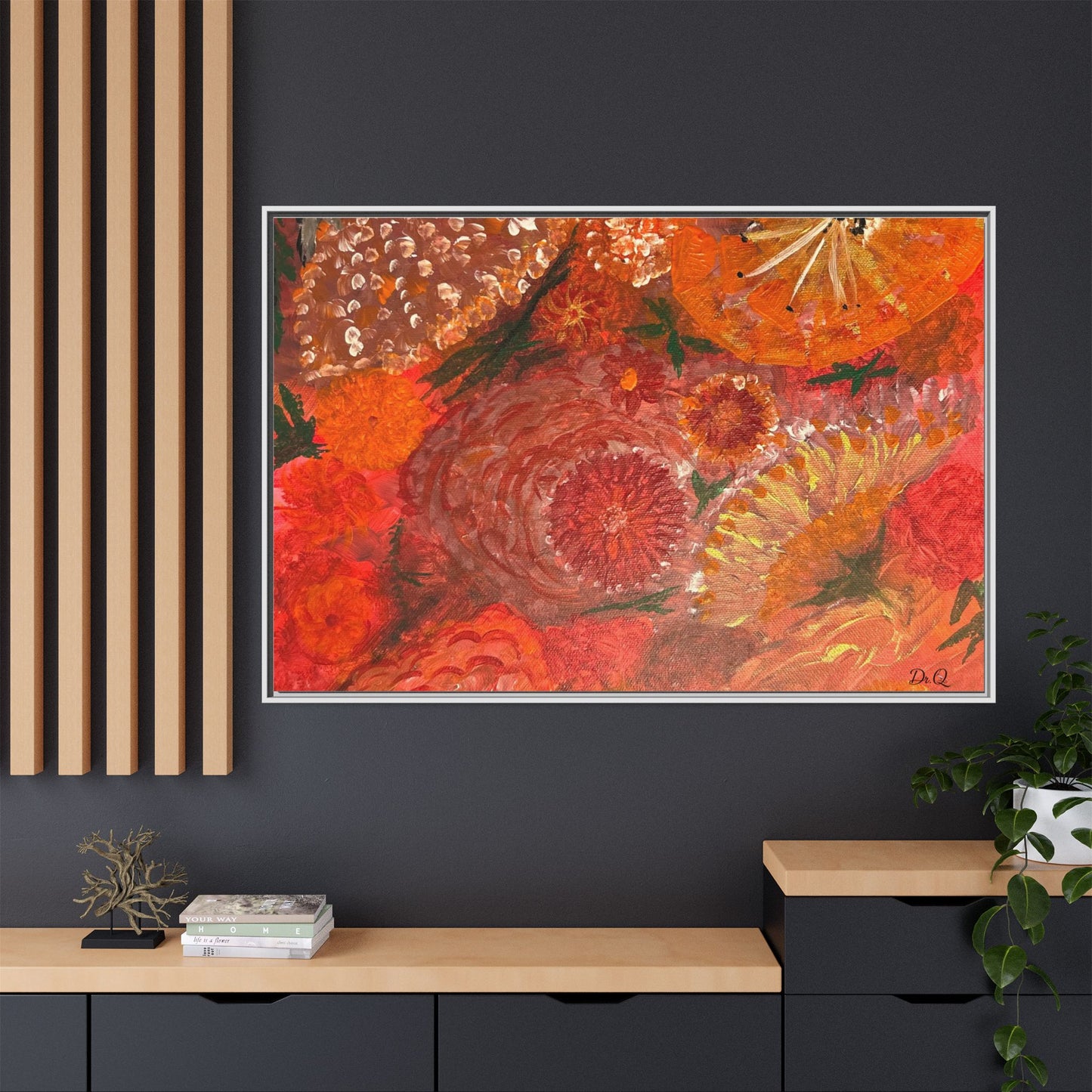 "Floral Burst" Abstract Red Floral Matte Canvas Framed Wall Art