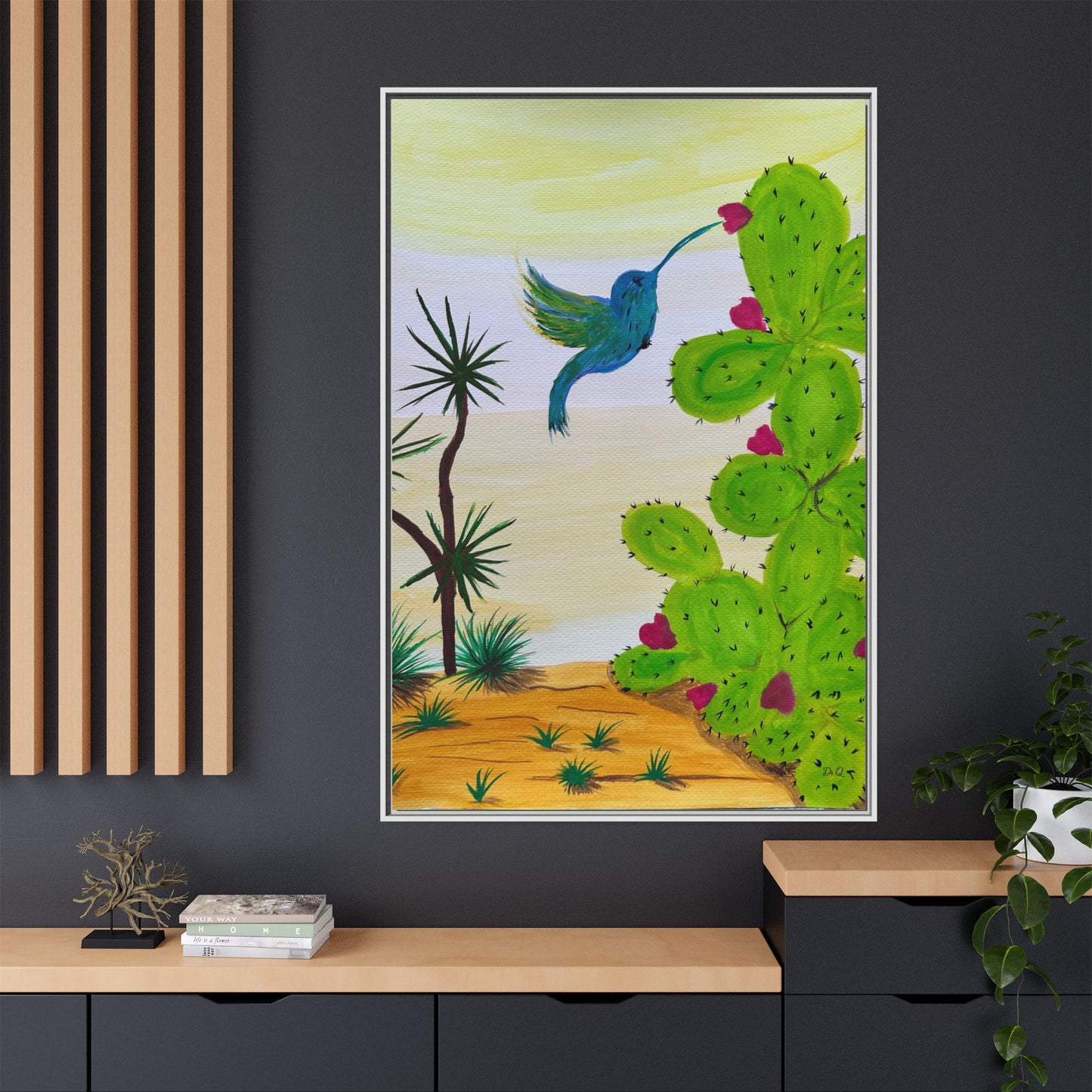 Tropical Cactus & Hummingbird Wall Art - Framed Matte Canvas