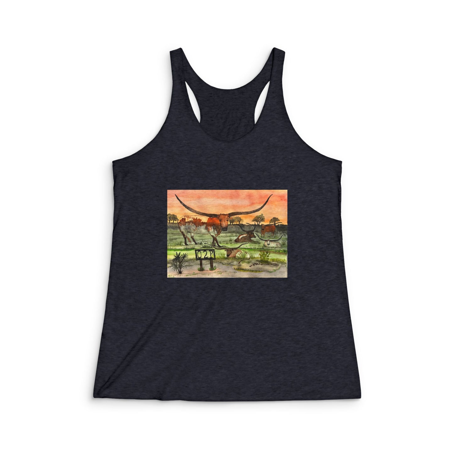 "Out 2 Pasture Ranch" Women's Tri-Blend Racerback Tank: Nature-Inspired Art, Eco-Friendly Apparel, Summer Vibe, Gift for Nature Lovers, Outdoor Activities