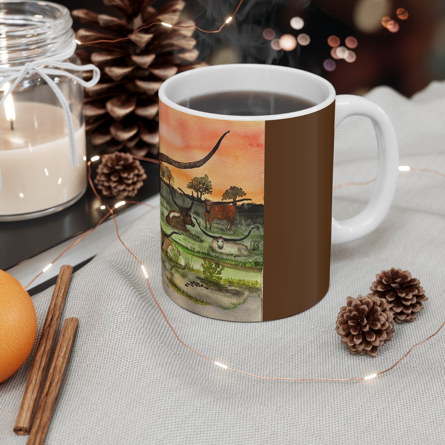 "Out 2 Pasture Ranch" Longhorn Cattle Mug, Rustic Cow Portrait Cup, Gift for Farmers, Texas-Themed Kitchenware, Nature Lover's Drinkware