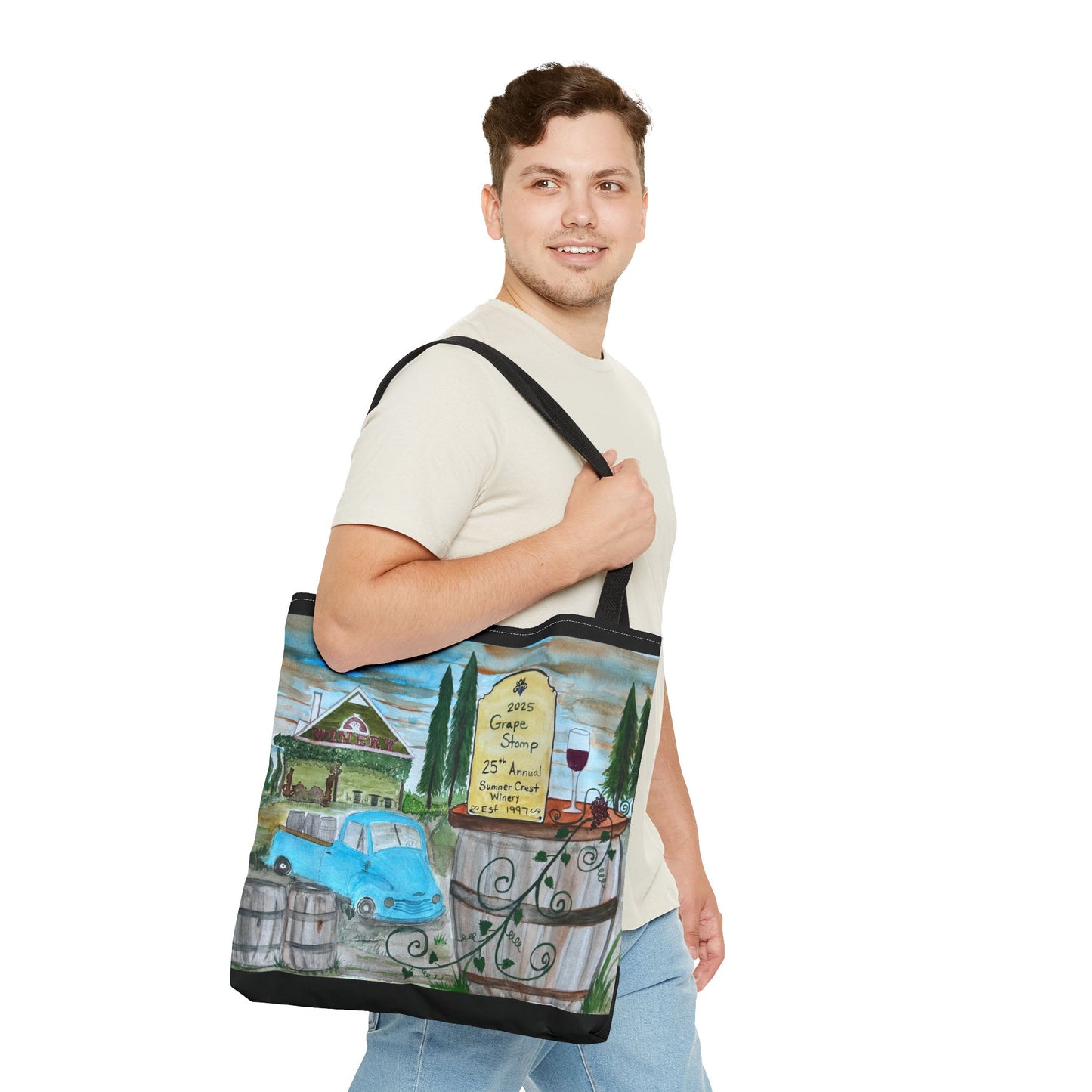 Sumner Crest Winery 25th Annual Grape Stomp is Charming Vineyard Tote Bag, Wine Lover Gift, Travel Bag, Grocery Tote, Eco-Friendly Shopping, Artisan Artwork