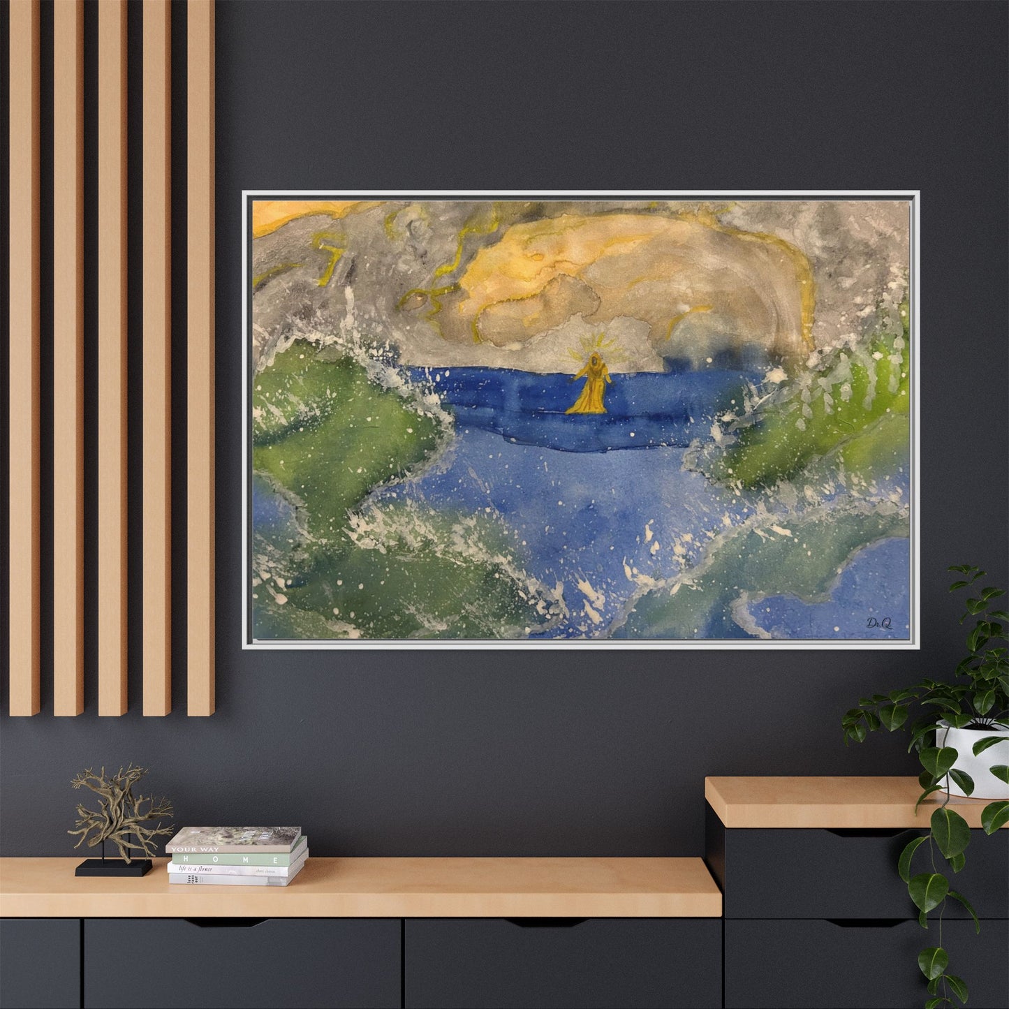 "Faith in the Storm" Framed Matte Canvas Seascape — Golden Sail at Sunset