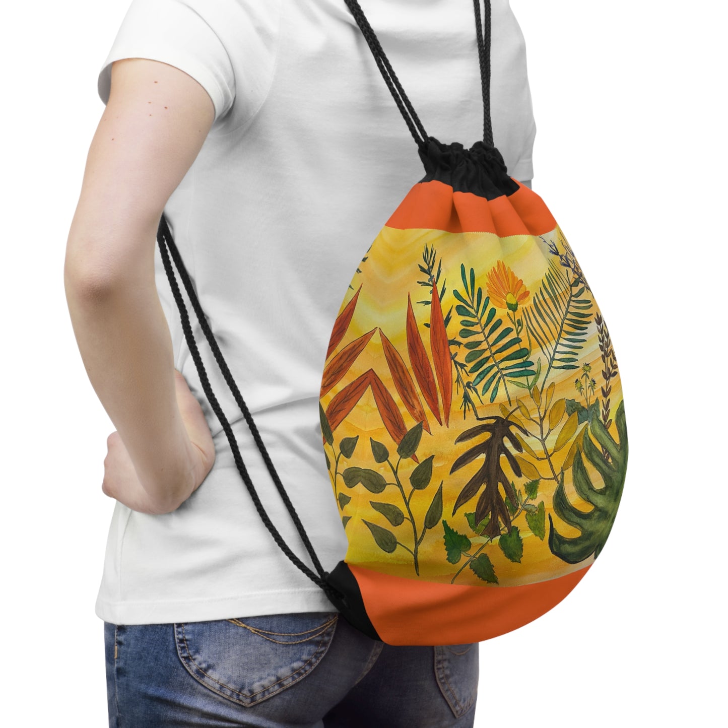 Tropical Botanicals & Herbs Drawstring Bag | Floral Gym Sack, Eco-Friendly Tote, Nature-Inspired Backpack, Gifts for Plant Lovers, Summer Festivals
