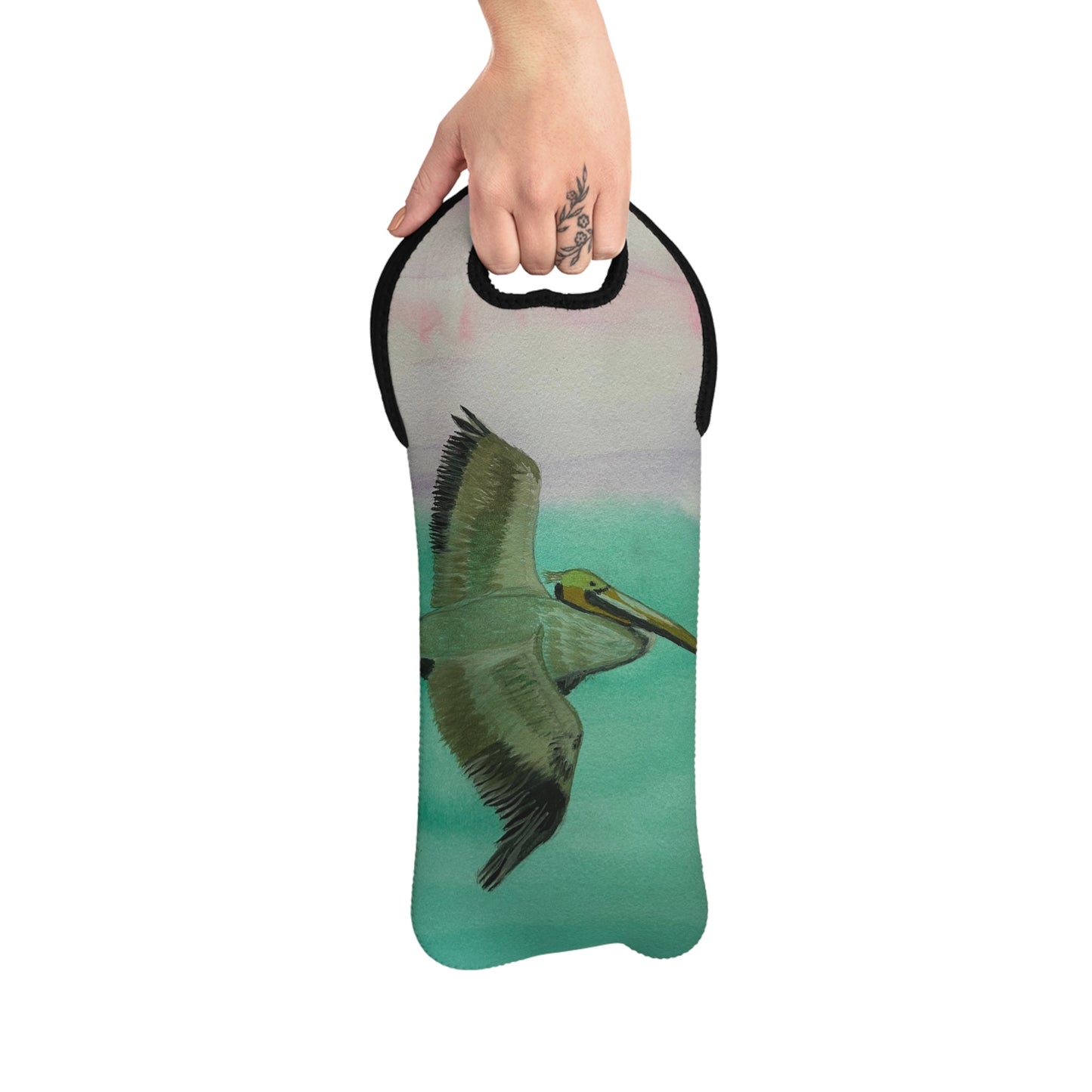 Pelican Flight Wine Tote — Neoprene Bottle Carrier with Coastal Watercolor Design