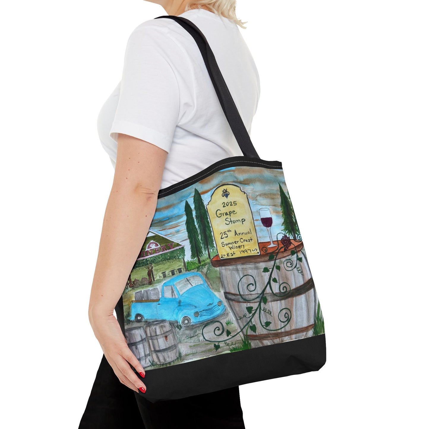 Sumner Crest Winery 25th Annual Grape Stomp is Charming Vineyard Tote Bag, Wine Lover Gift, Travel Bag, Grocery Tote, Eco-Friendly Shopping, Artisan Artwork