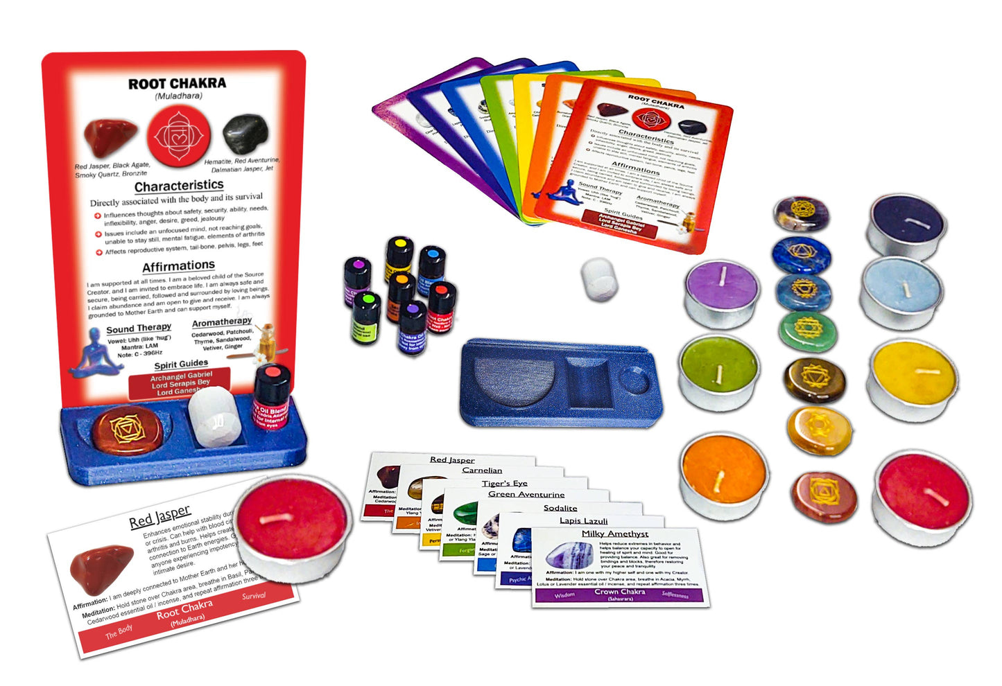 Chakra Healing Altar & Meditation Kit - 7 Chakra Sets: Engraved Symbols Stones, Healing Cards, Essential Oil Blends, Scented Candles, Selenite Crystal