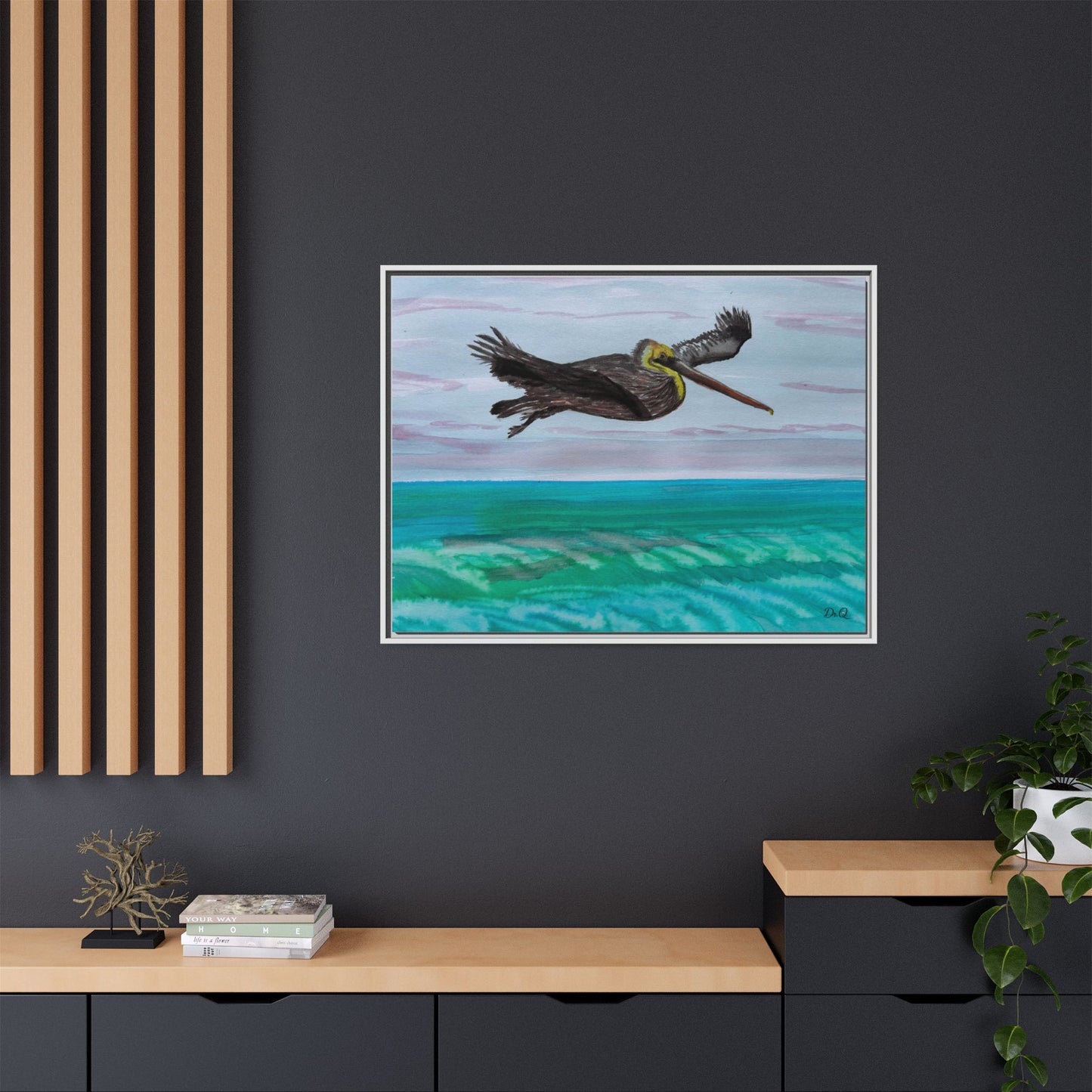 Brown Pelican Over Ocean Matte Framed Canvas Art