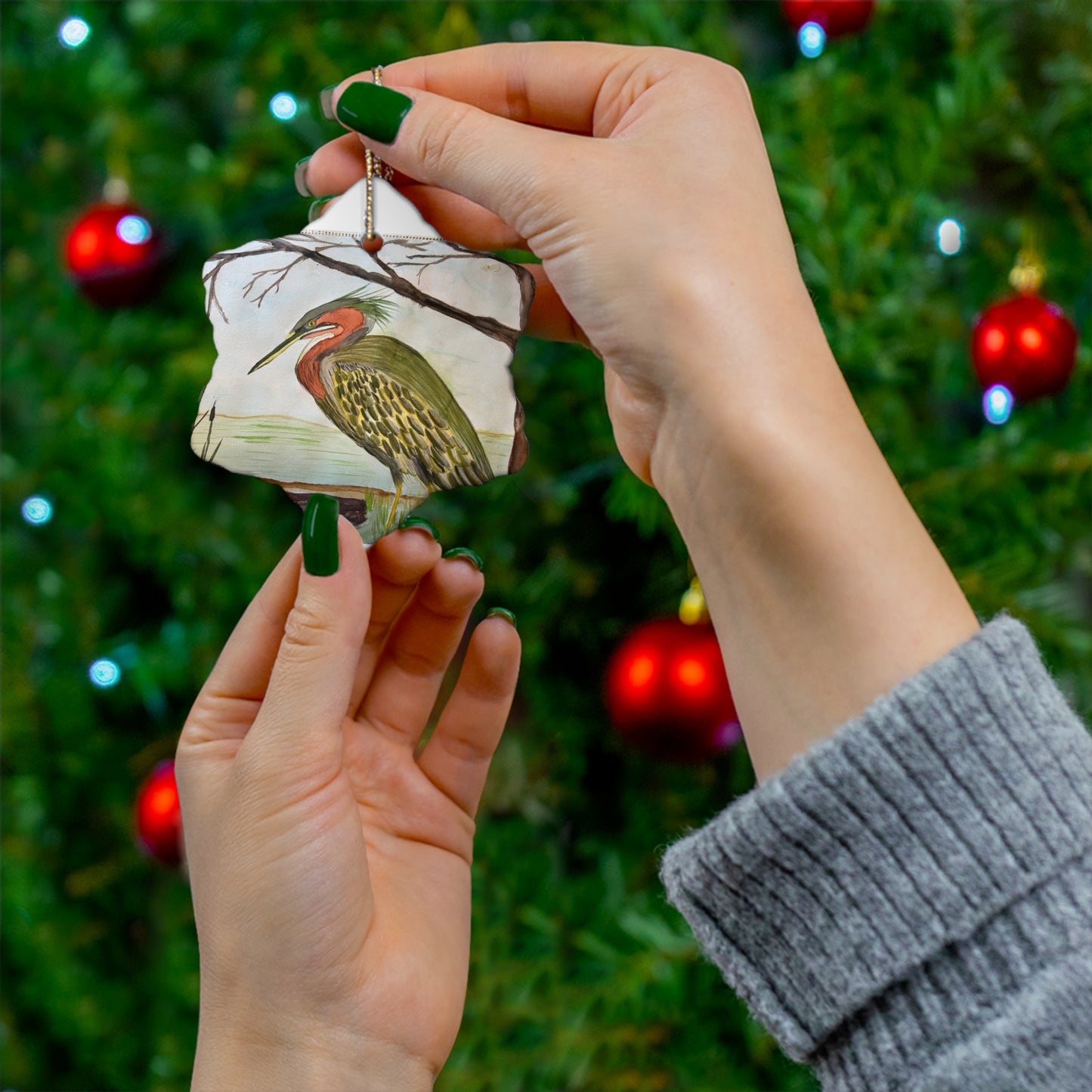 Green Heron Ceramic Ornament, 4 Shapes