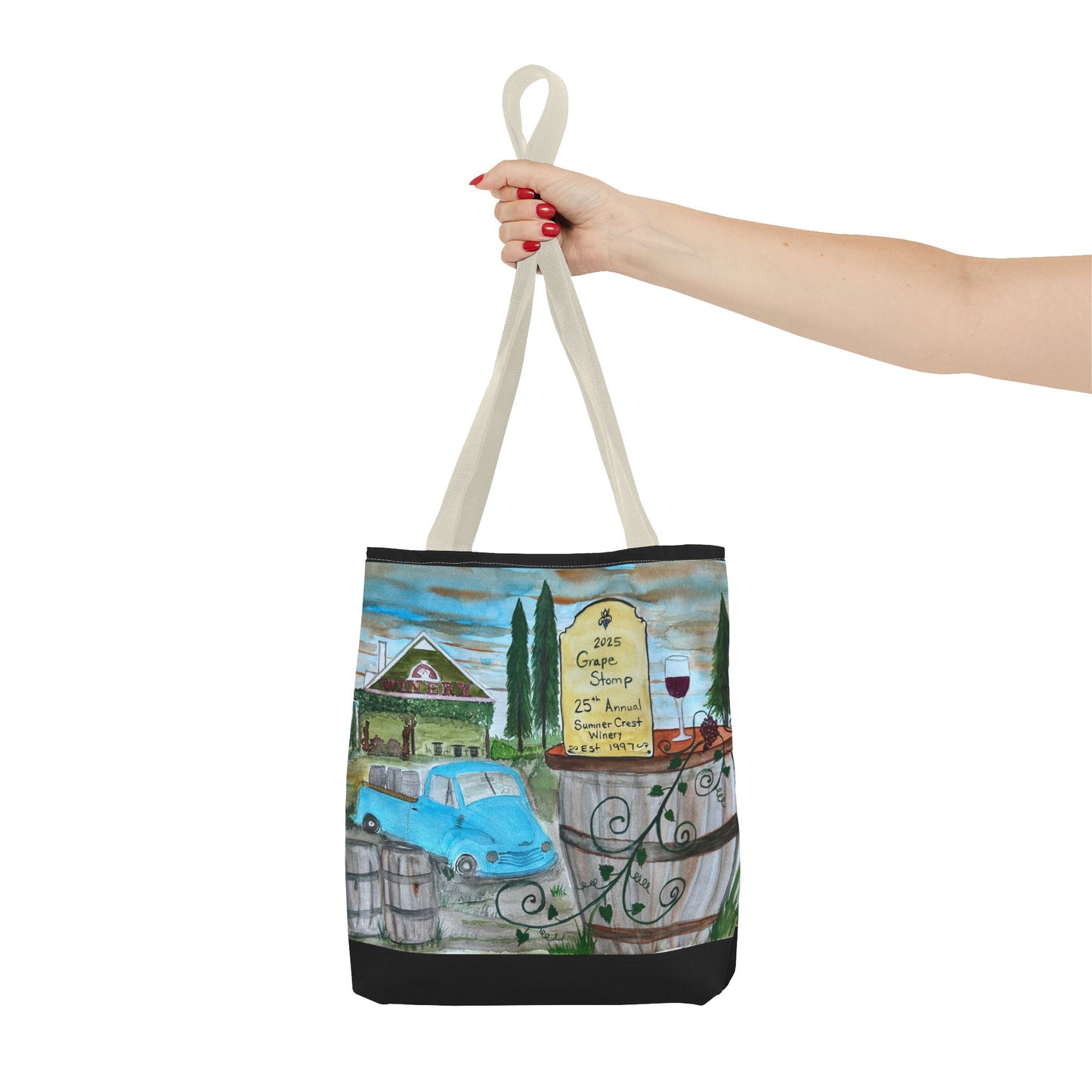 Sumner Crest Winery 25th Annual Grape Stomp is Charming Vineyard Tote Bag, Wine Lover Gift, Travel Bag, Grocery Tote, Eco-Friendly Shopping, Artisan Artwork