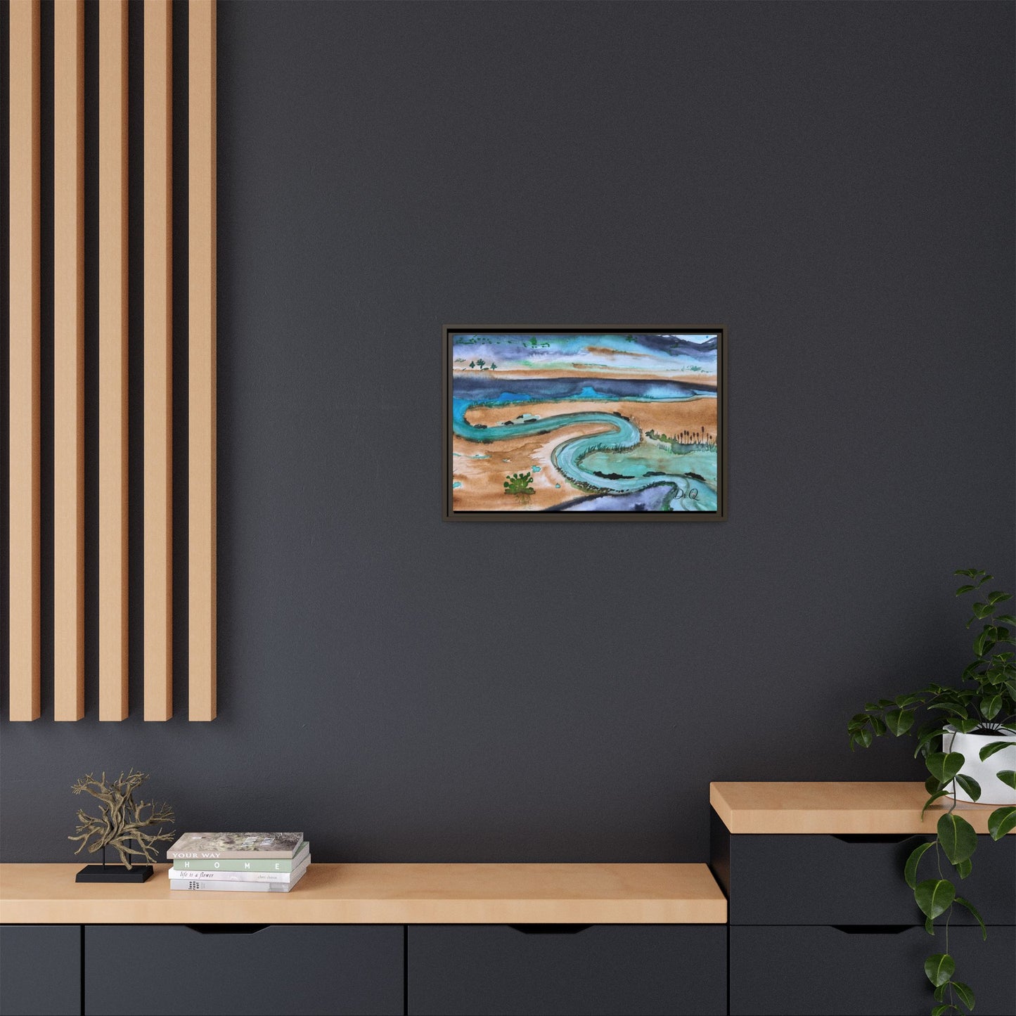 Winding River by Dr. Q - Framed Matte Canvas Watercolor Wall Art