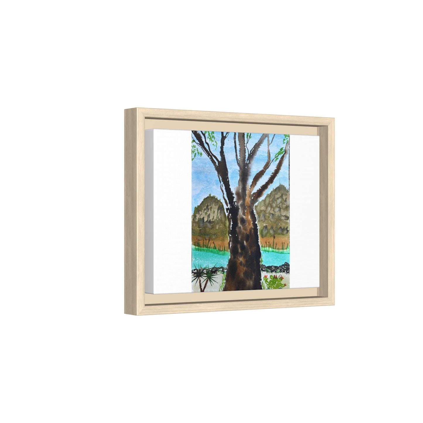 Tranquil Lakeside Tree Watercolor - Framed Matte Canvas Print by Dr. Q