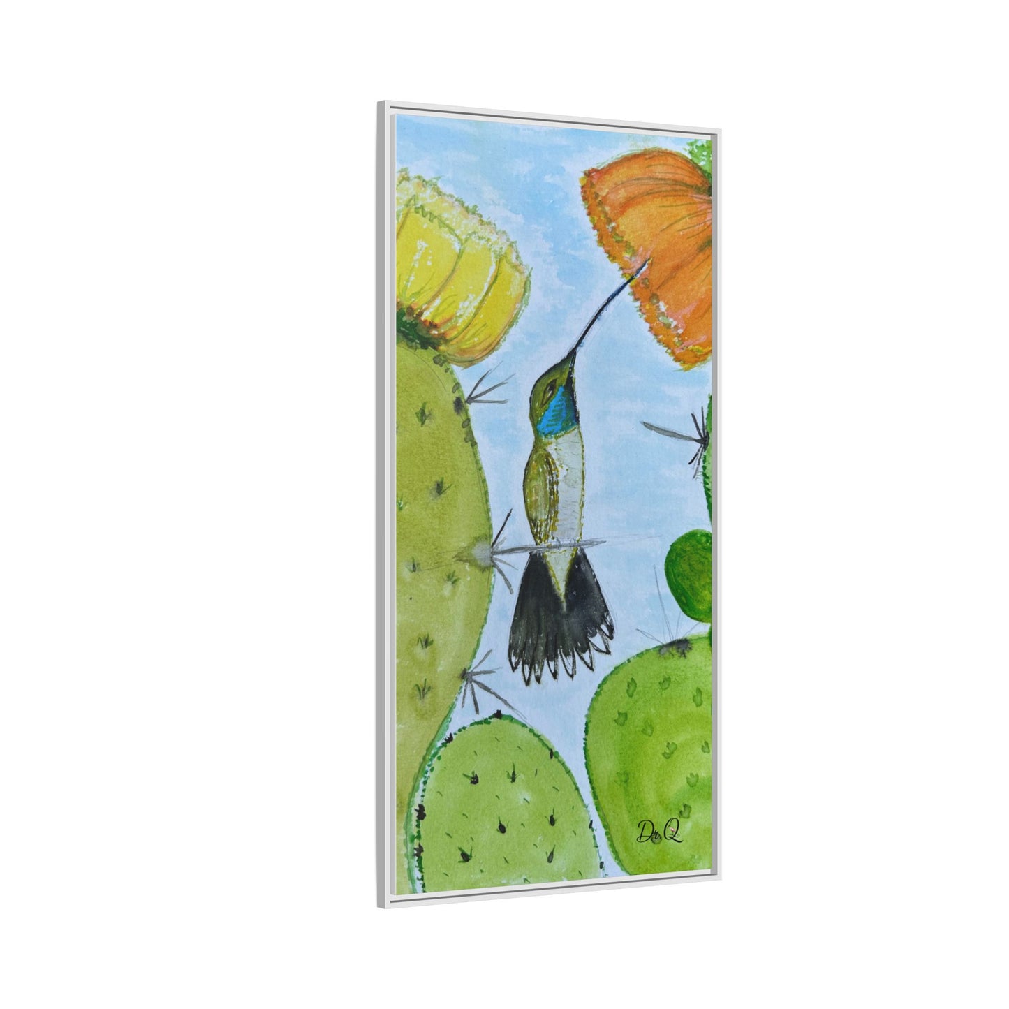 Framed Hummingbird Cactus Watercolor Print on Canvas by Dr. Q — Floral Desert Wall Art