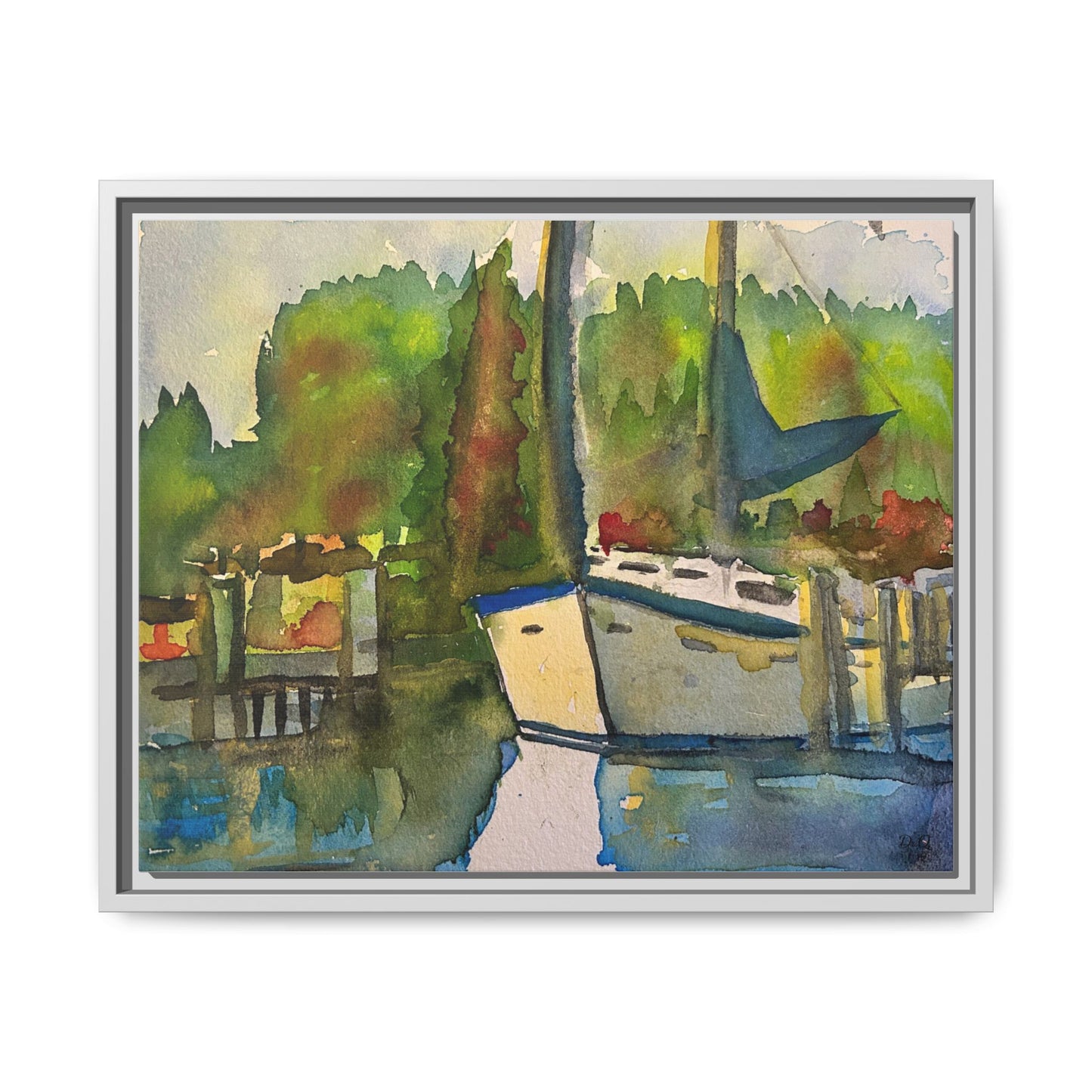 Sailboat Harbor Watercolor — Framed Matte Canvas Wall Art