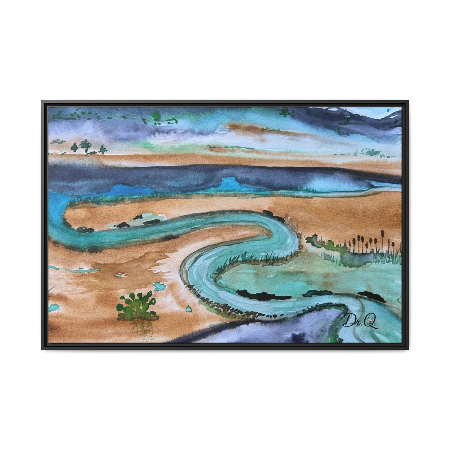 Winding River by Dr. Q - Framed Matte Canvas Watercolor Wall Art