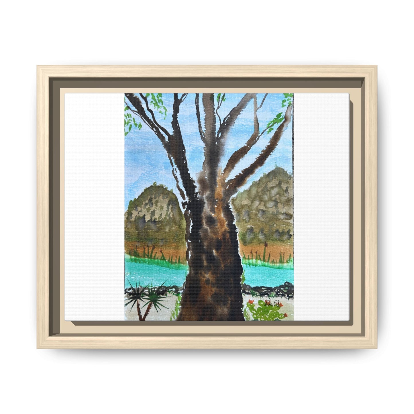 Tranquil Lakeside Tree Watercolor - Framed Matte Canvas Print by Dr. Q