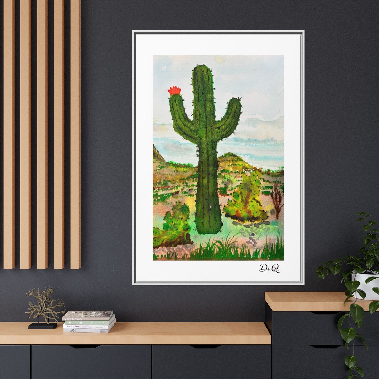 Framed Cactus Canvas Print — Desert Watercolor Wall Art