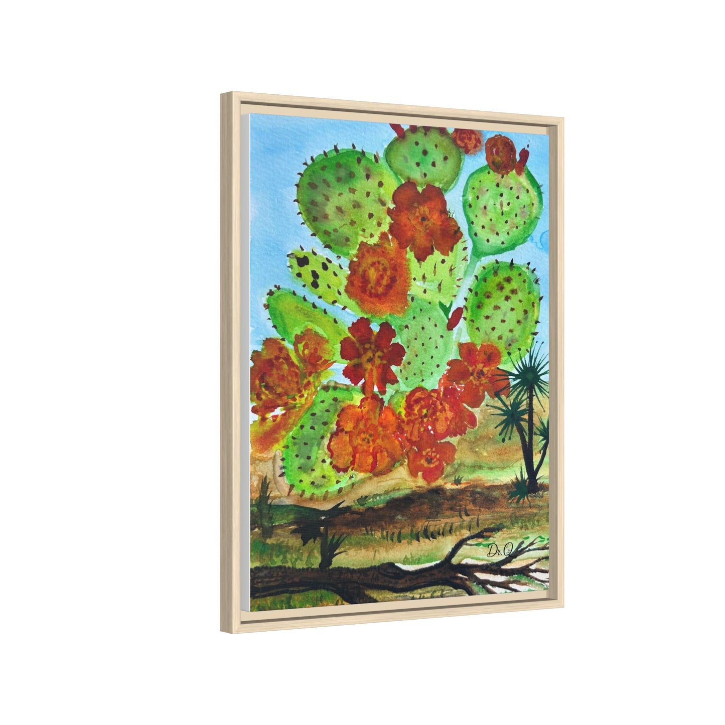 Prickly Pear Cactus Framed Canvas Print — Vertical Botanical Wall Art