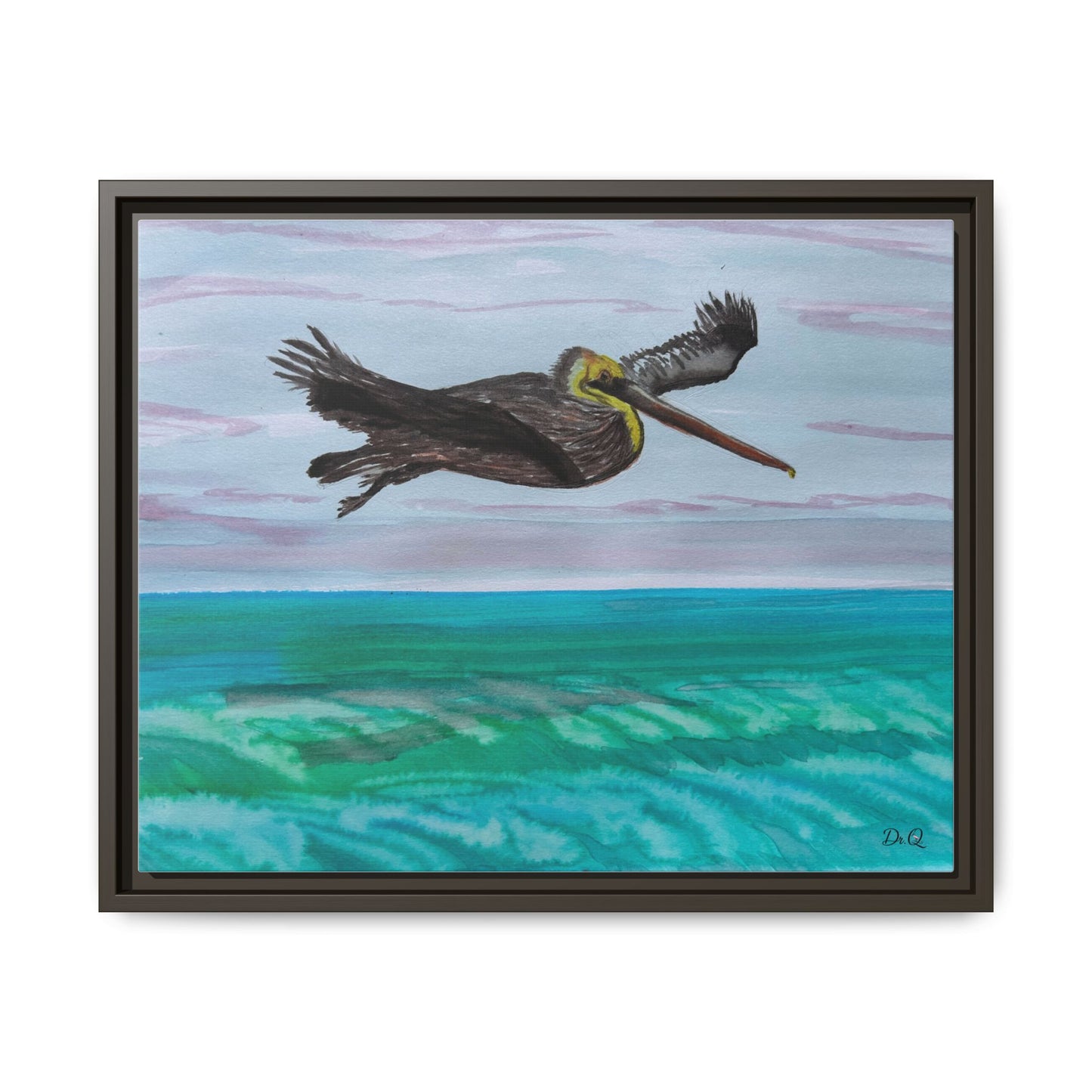 Brown Pelican Over Ocean Matte Framed Canvas Art