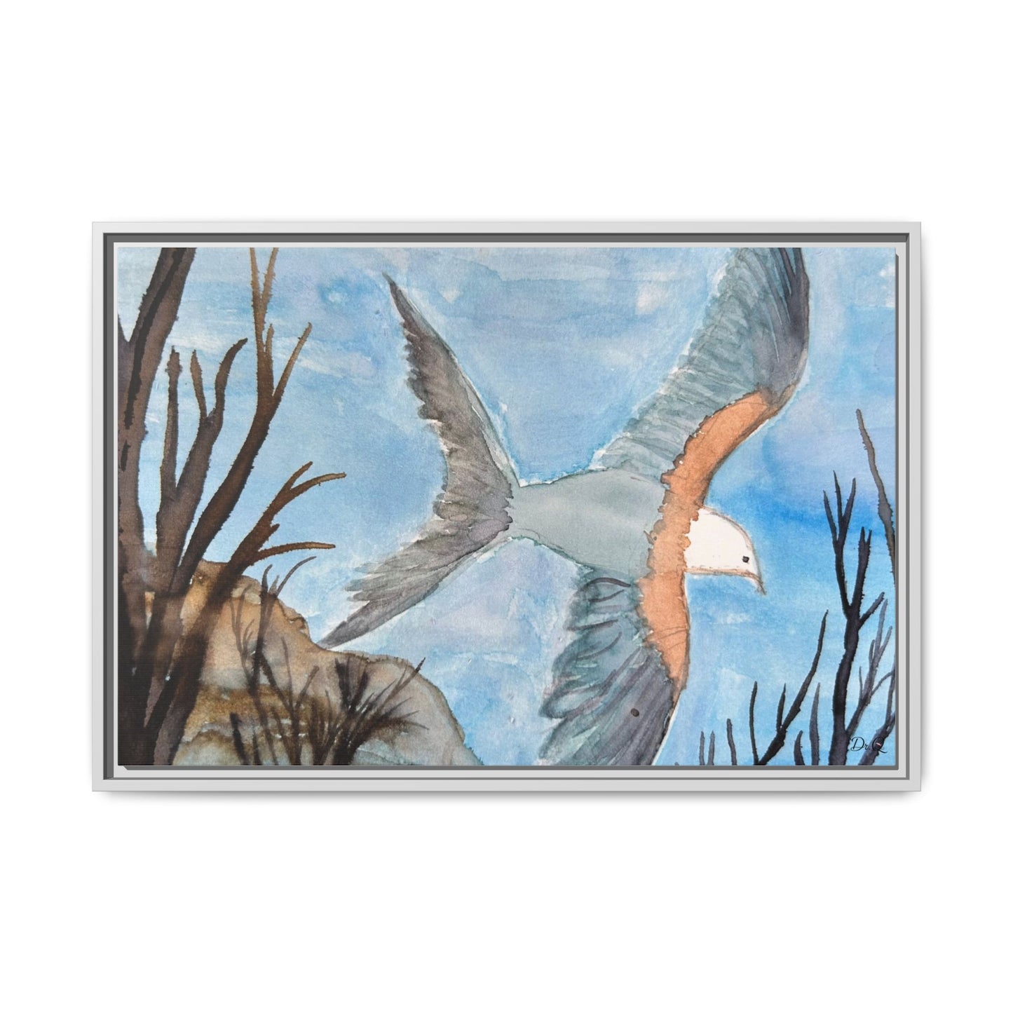 Framed Matte Canvas Wall Art — Soaring Seagull Coastal Print