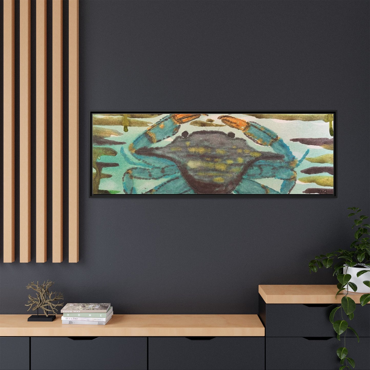 Blue Crab Coastal Art Print — Matte Framed Canvas