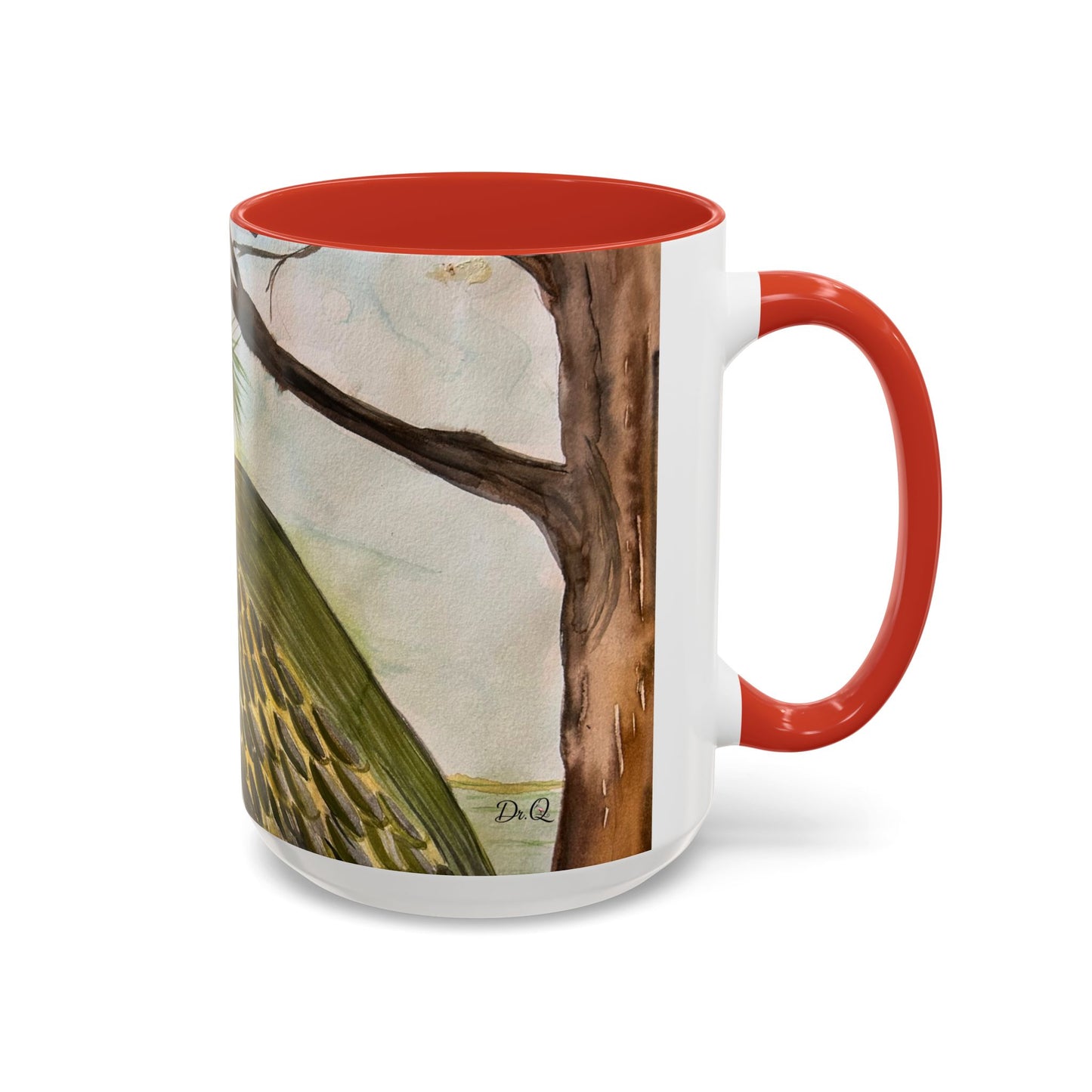 Green Heron Watercolor Accent Coffee Mug — Nature Bird Watercolor (11/15oz)