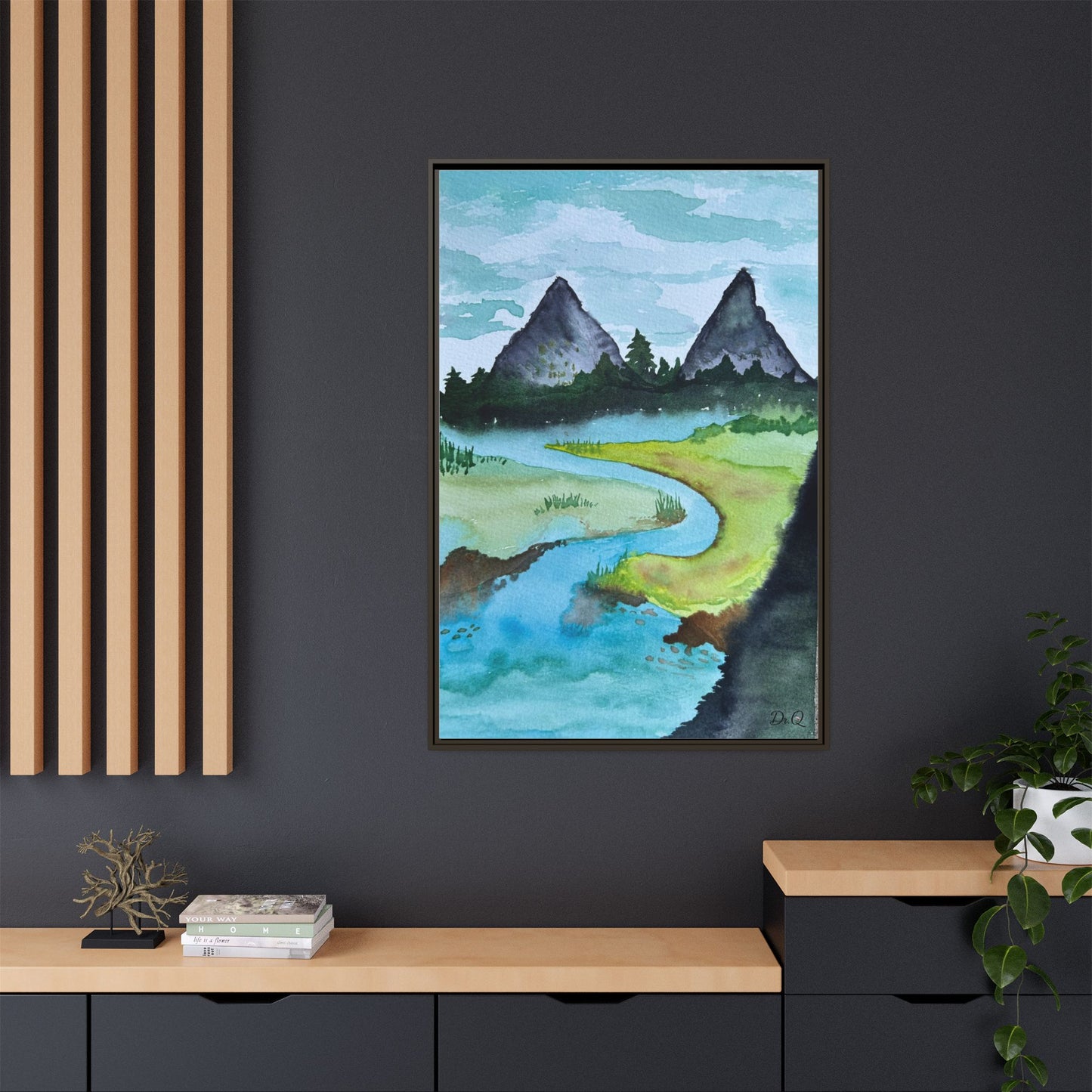 Mountain River Framed Canvas Watercolor Print by Dr. Q