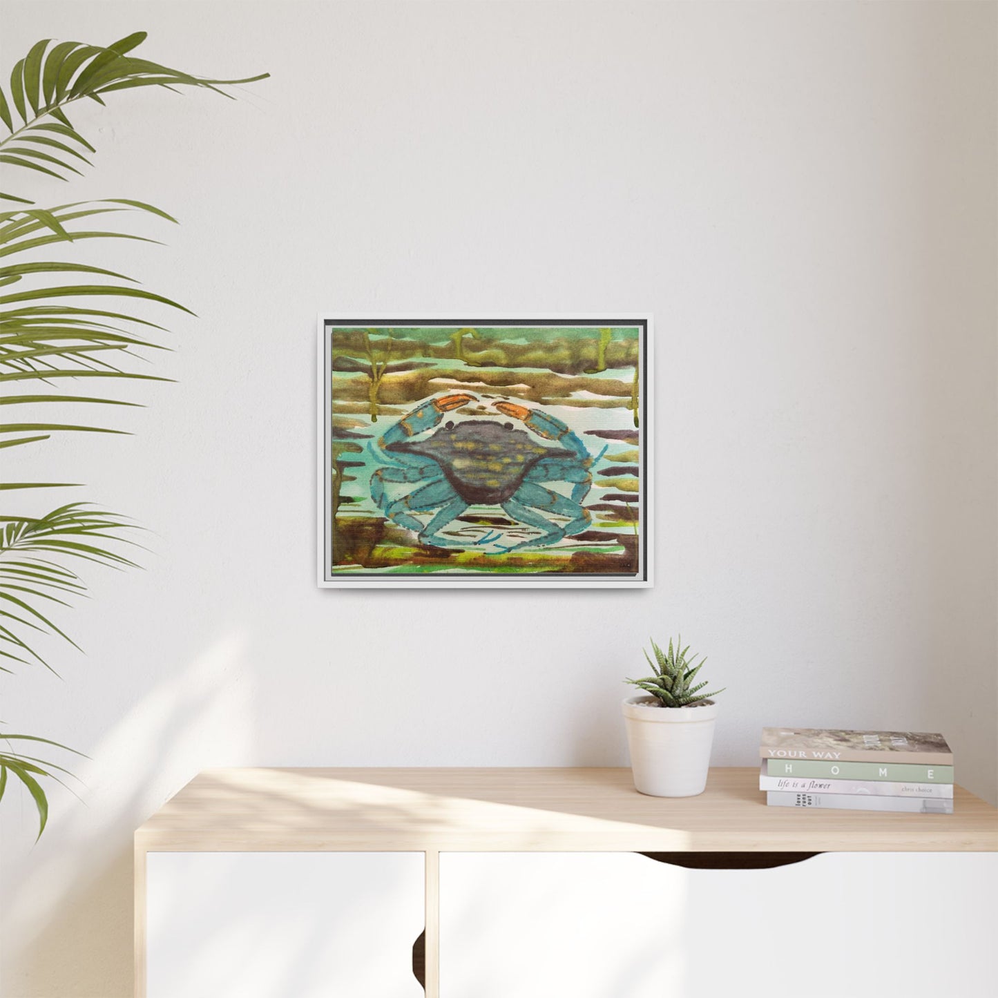 Blue Crab Coastal Art Print — Matte Framed Canvas