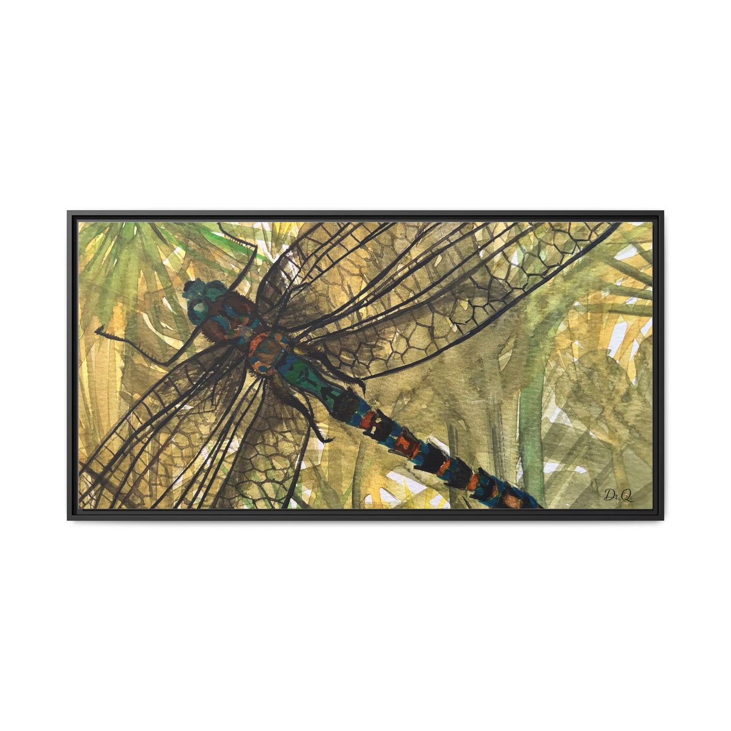 Dragonfly Framed Canvas Art — Botanical Watercolor Wall Decor