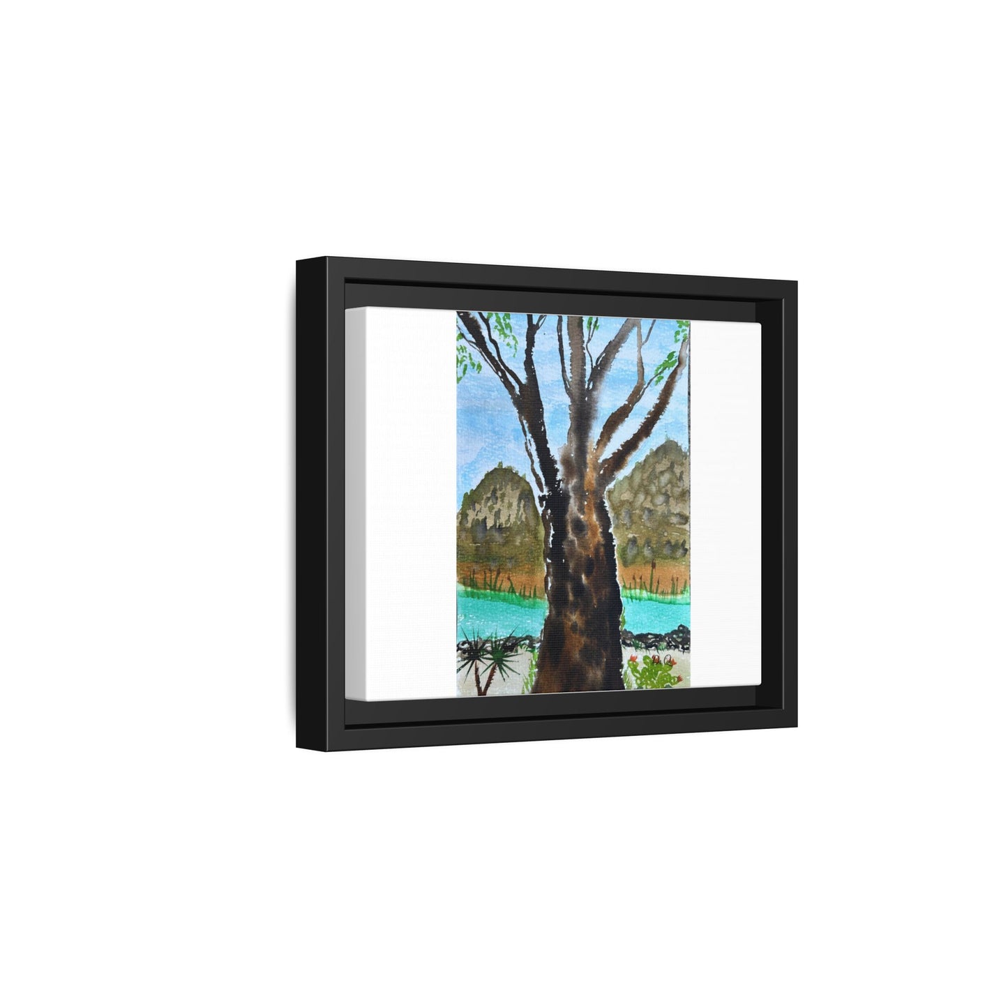 Tranquil Lakeside Tree Watercolor - Framed Matte Canvas Print by Dr. Q