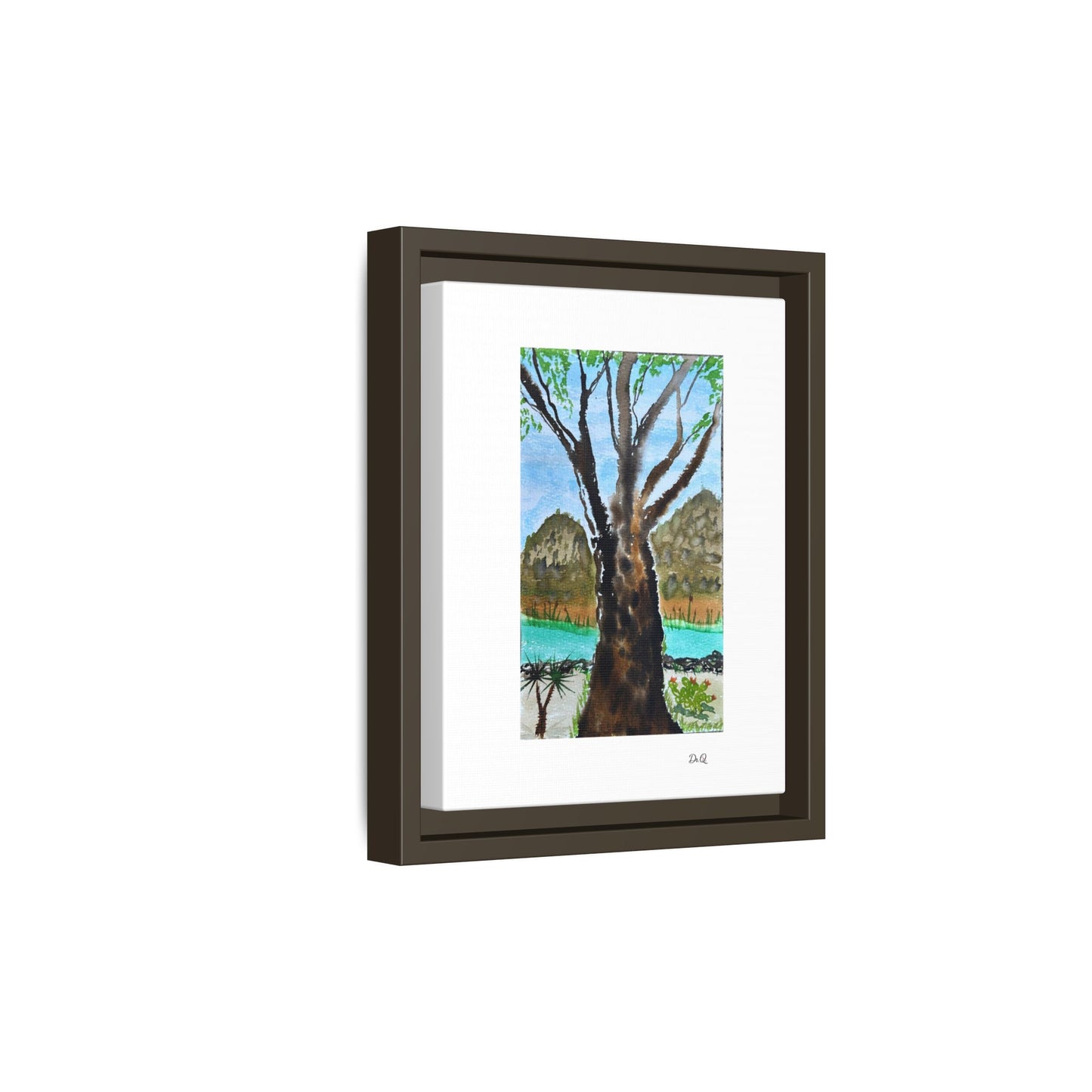 Tranquil Lakeside Tree Watercolor - Framed Matte Canvas Print by Dr. Q