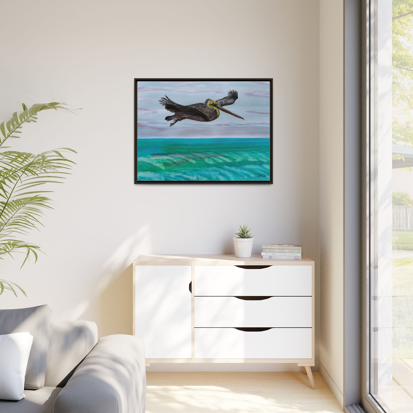 Brown Pelican Over Ocean Matte Framed Canvas Art