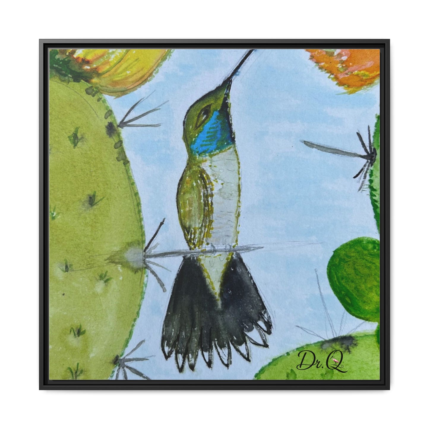 Framed Hummingbird Cactus Watercolor Print on Canvas by Dr. Q — Floral Desert Wall Art