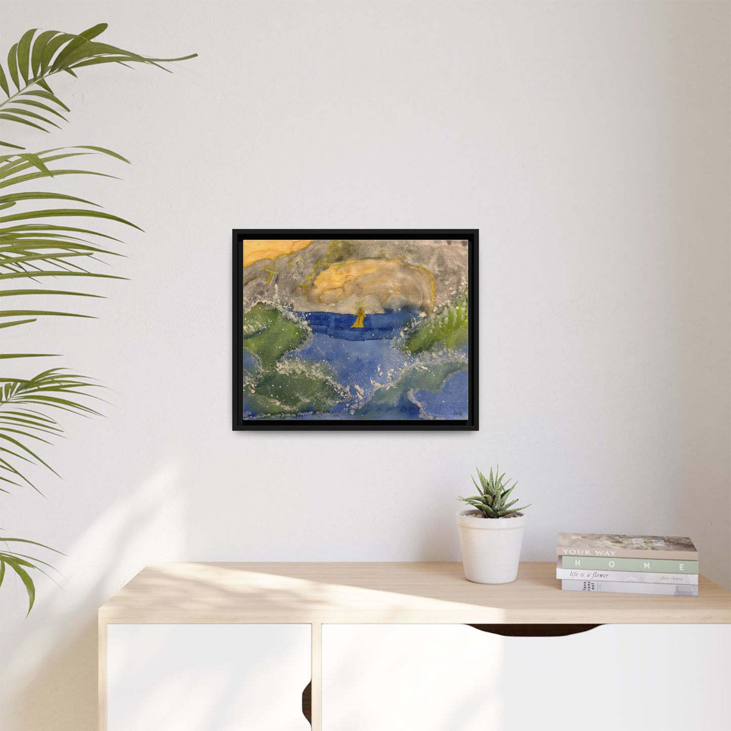 "Faith in the Storm" Framed Matte Canvas Seascape — Golden Sail at Sunset