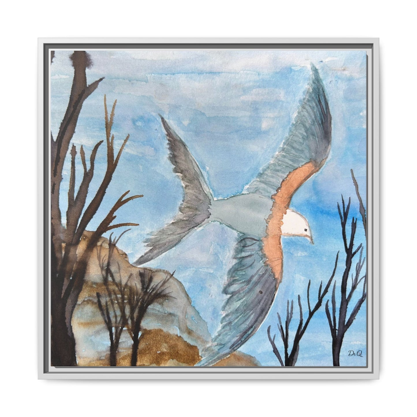 Framed Matte Canvas Wall Art — Soaring Seagull Coastal Print
