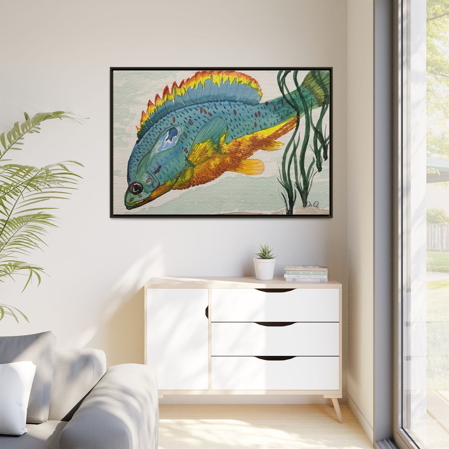 Texas Spotted Sunfish Watercolor Wall Art - Framed Matte Canvas